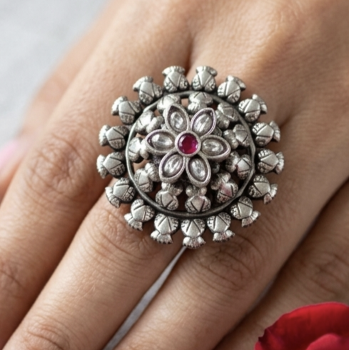 Ruby Mandala Silver Ring